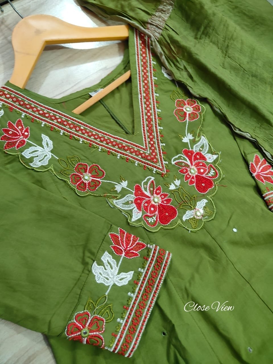 Green Cotton Anarkali Suit Set with Mirror Work